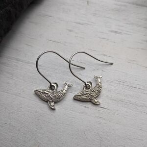 Antique Silver Whale Drop Earrings / Beach Jewelry
